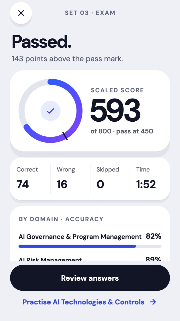 Result screen showing Passed with a scaled score of 593.